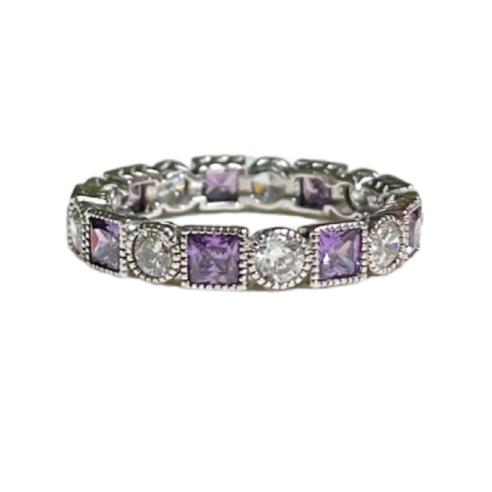 Vintage 926 sterling silver purple clear round square stone band ring size 7